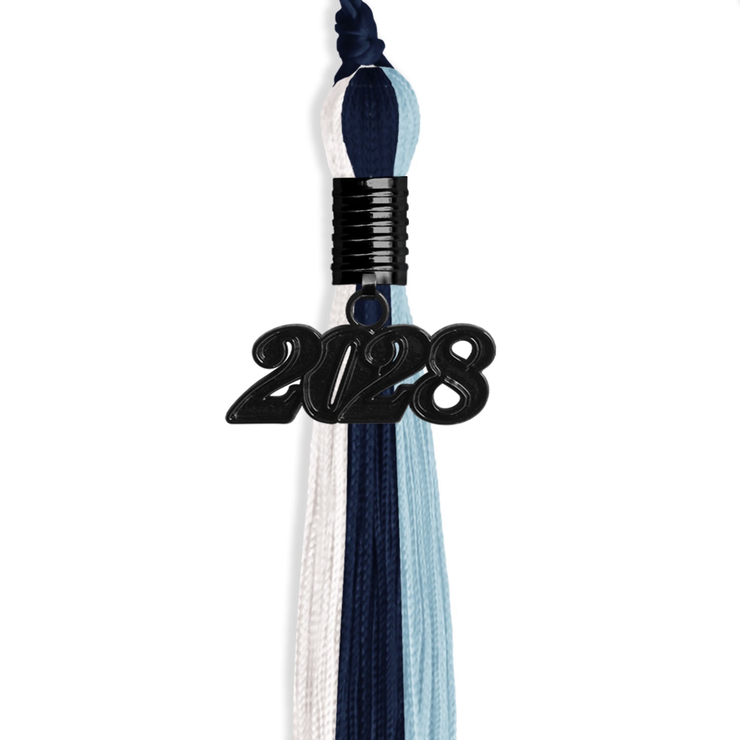 Navy Blue/Light Blue/White Graduation Tassel with Black Bling Charm by Wholesale Grad Supply