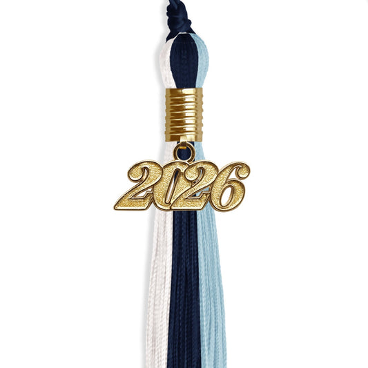 Navy Blue/Light Blue/White Graduation Tassel with Gold Bling Charm by Wholesale Grad Supply