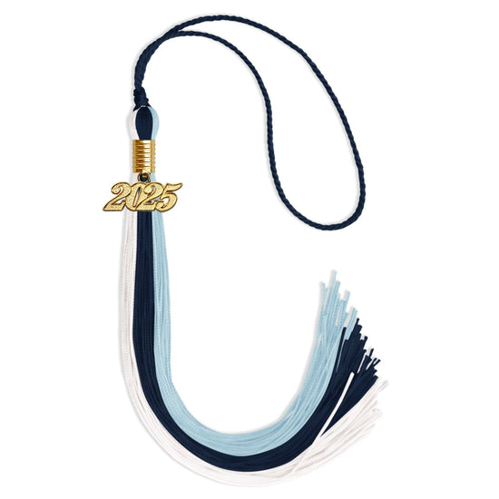 Navy Blue/Light Blue/White Graduation Tassel with Gold Bling Charm by Wholesale Grad Supply