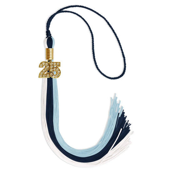Navy Blue/Light Blue/White Graduation Tassel with Gold Bling Charm by Wholesale Grad Supply