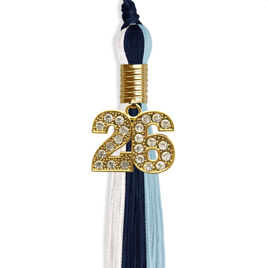 Navy Blue/Light Blue/White Graduation Tassel with Gold Bling Charm by Wholesale Grad Supply