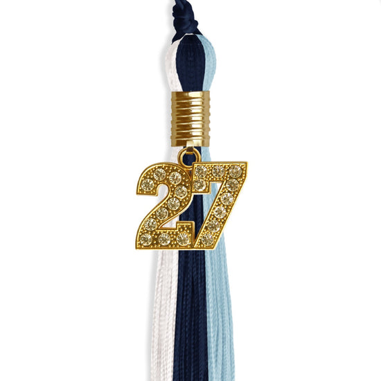 Navy Blue/Light Blue/White Graduation Tassel with Gold Bling Charm by Wholesale Grad Supply