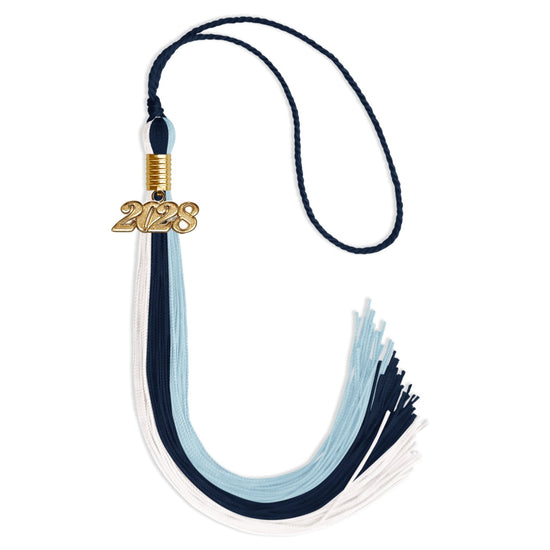 Navy Blue/Light Blue/White Graduation Tassel with Gold Bling Charm by Wholesale Grad Supply
