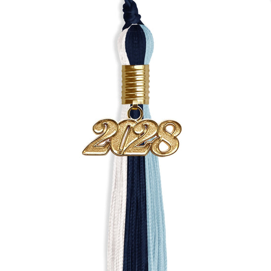 Navy Blue/Light Blue/White Graduation Tassel with Gold Bling Charm by Wholesale Grad Supply
