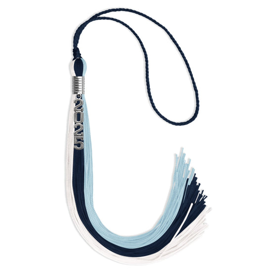 Navy Blue/Light Blue/White Graduation Tassel with Silver Stacked Date Drop by Wholesale Grad Supply
