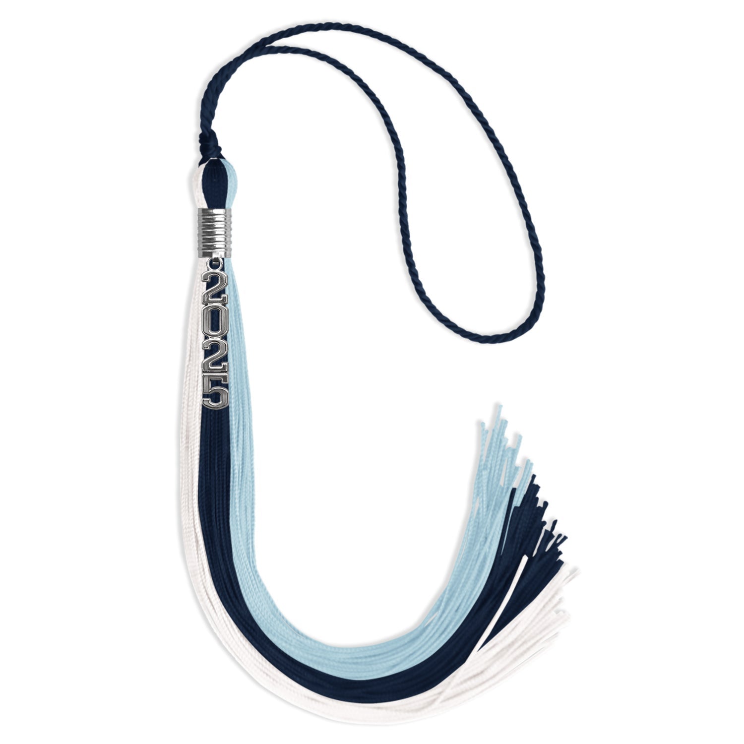 Navy Blue/Light Blue/White Graduation Tassel with Silver Stacked Date Drop by Wholesale Grad Supply