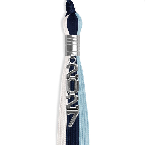 Navy Blue/Light Blue/White Graduation Tassel with Silver Stacked Date Drop by Wholesale Grad Supply