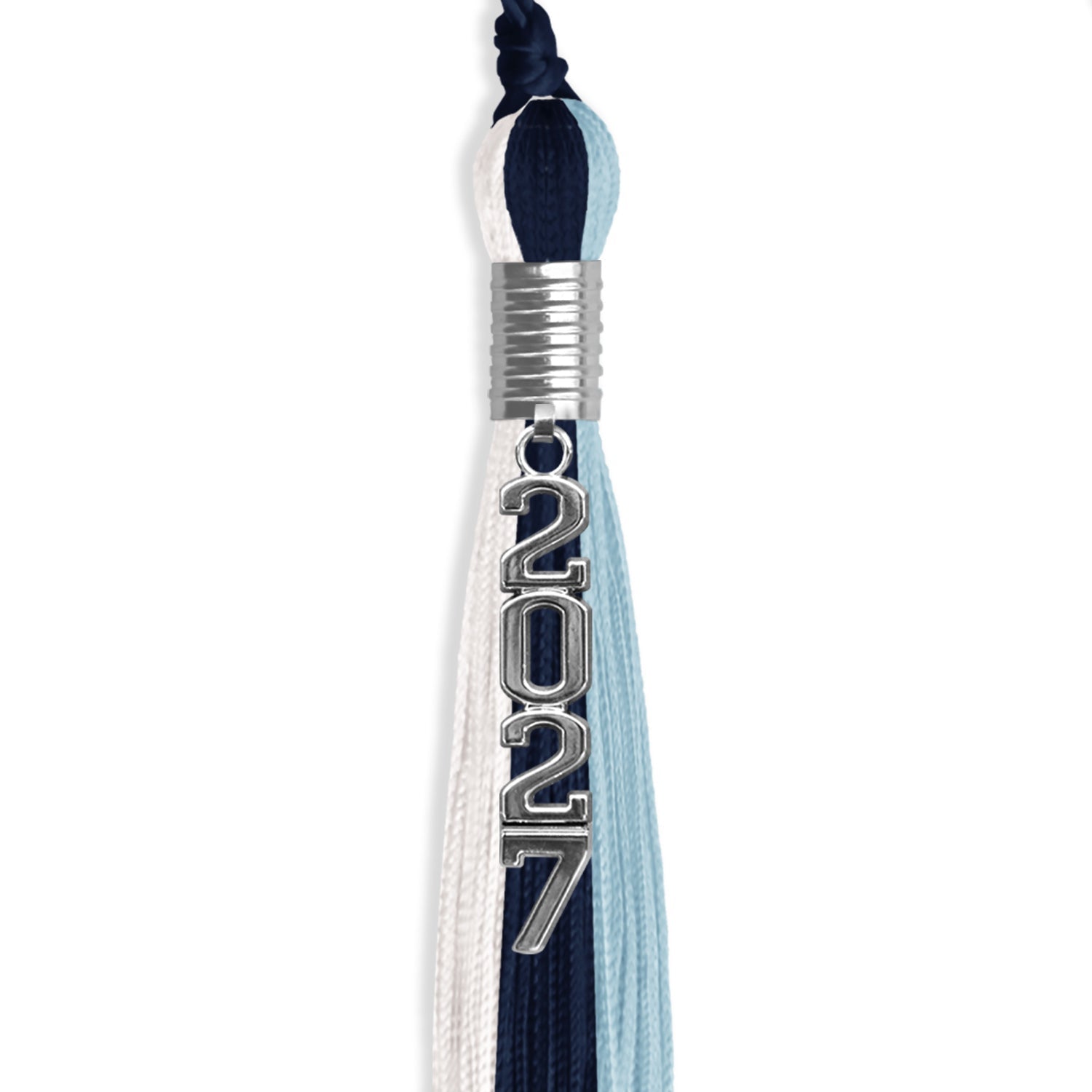 Navy Blue/Light Blue/White Graduation Tassel with Silver Stacked Date Drop by Wholesale Grad Supply