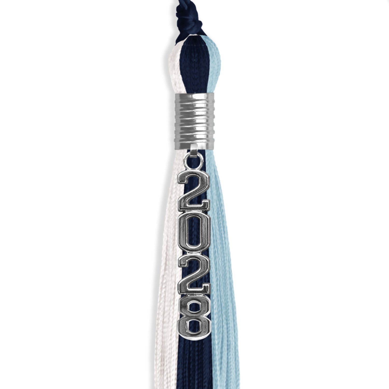 Navy Blue/Light Blue/White Graduation Tassel with Silver Stacked Date Drop by Wholesale Grad Supply