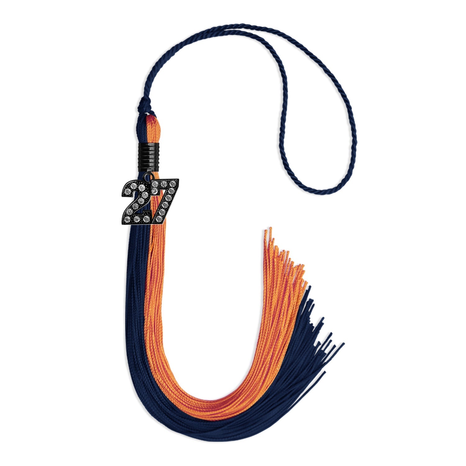 Navy Blue/Orange Graduation Tassel with Black Bling Charm by Wholesale Grad Supply