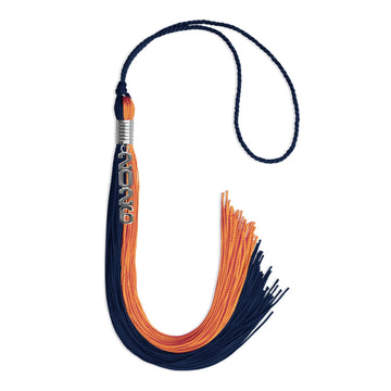 Navy Blue/Orange Graduation Tassel with Silver Stacked Date Drop by Wholesale Grad Supply