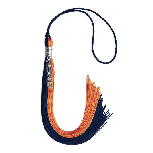 Navy Blue/Orange Graduation Tassel with Silver Stacked Date Drop by Wholesale Grad Supply