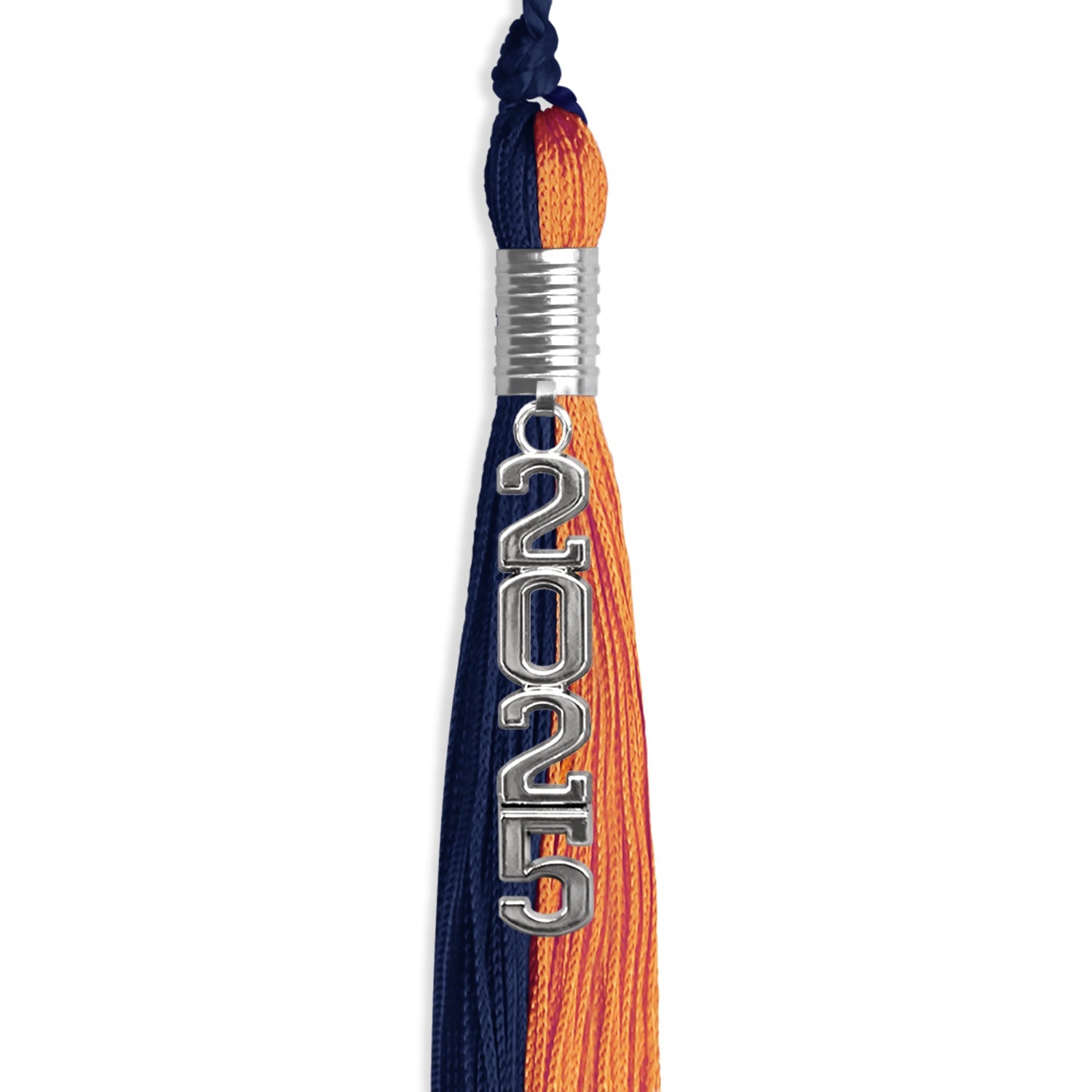 Navy Blue/Orange Graduation Tassel with Silver Stacked Date Drop by Wholesale Grad Supply