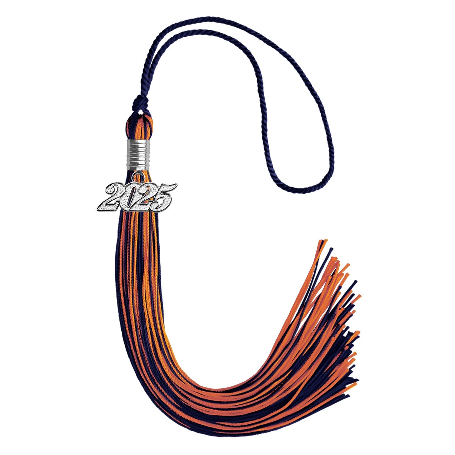 Navy Blue/Orange Mixed Color Graduation Tassel with Silver Bling Charm by Wholesale Grad Supply