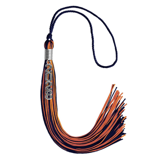 Navy Blue/Orange Mixed Color Graduation Tassel with Stacked Silver Date Drop by Wholesale Grad Supply