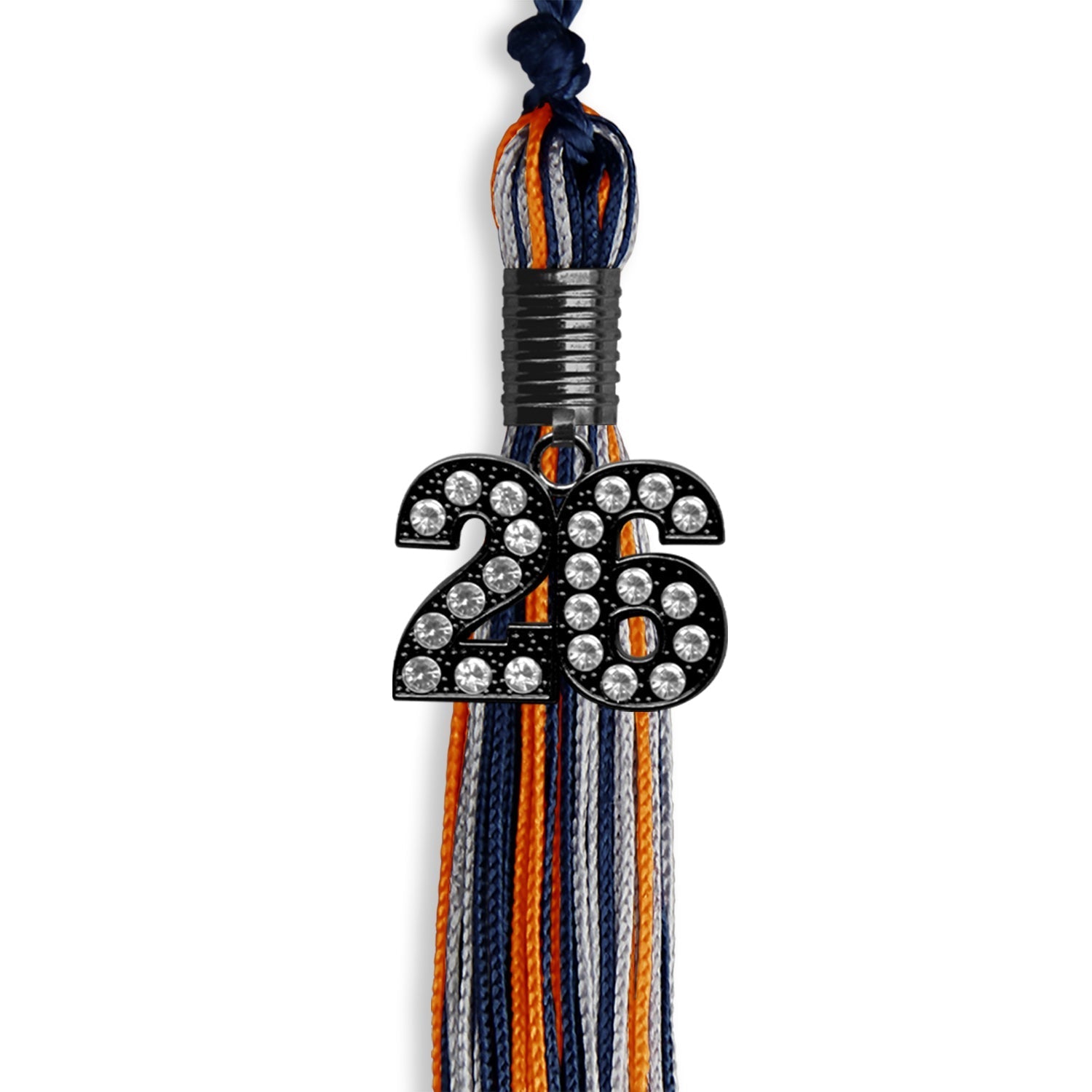Navy Blue/Orange/Silver Mixed Color Graduation Tassel with Black Bling Charm by Wholesale Grad Supply