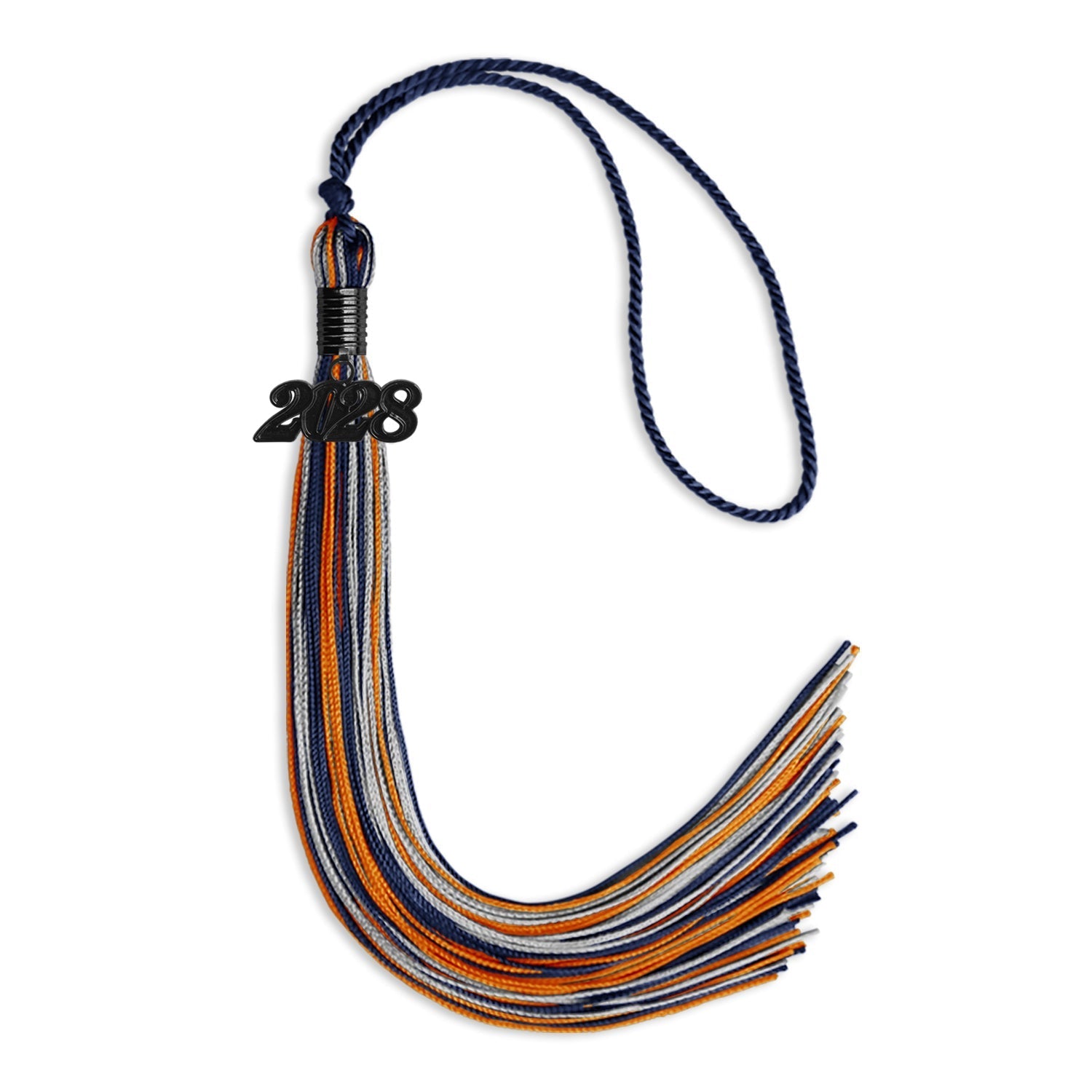 Navy Blue/Orange/Silver Mixed Color Graduation Tassel with Black Bling Charm by Wholesale Grad Supply