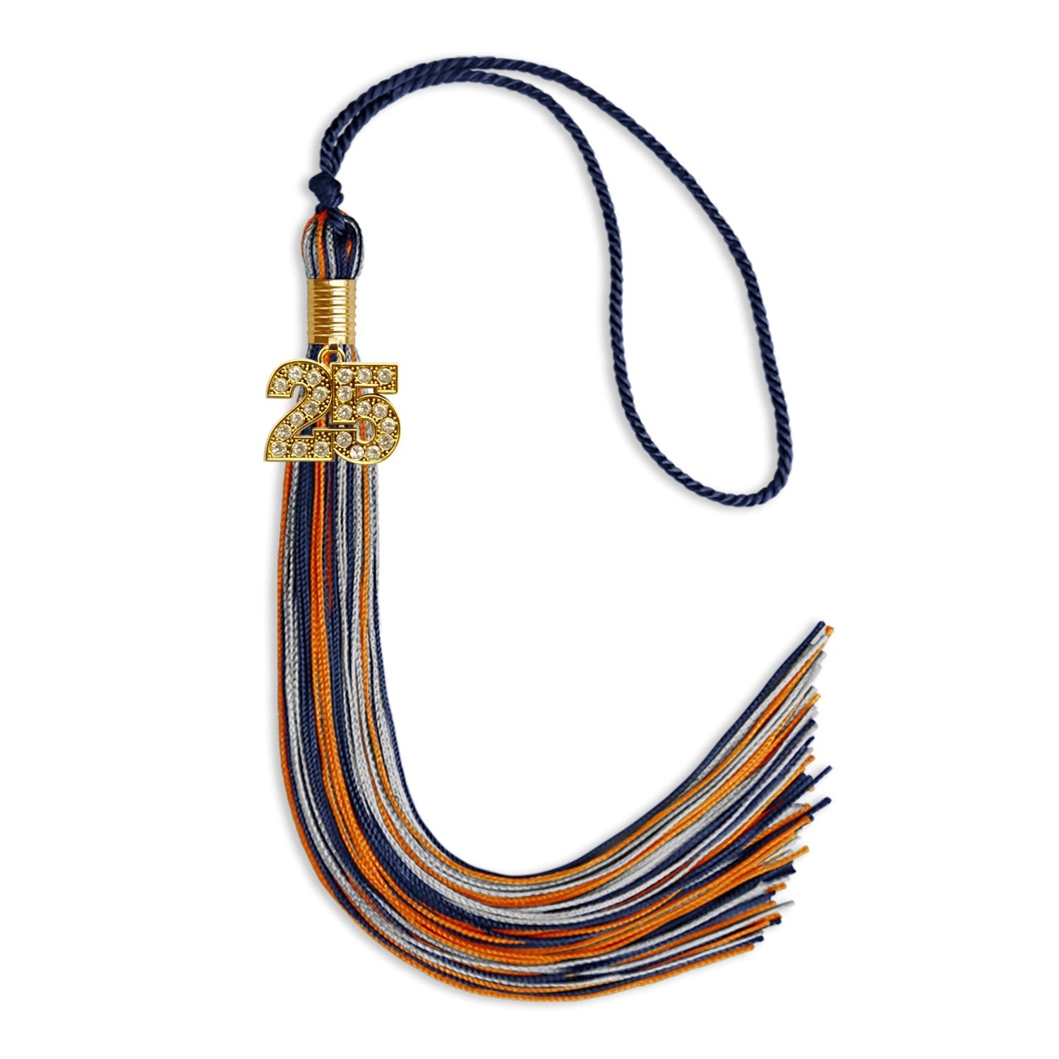 Navy Blue/Orange/Silver Mixed Color Graduation Tassel with Gold Bling Charm by Wholesale Grad Supply