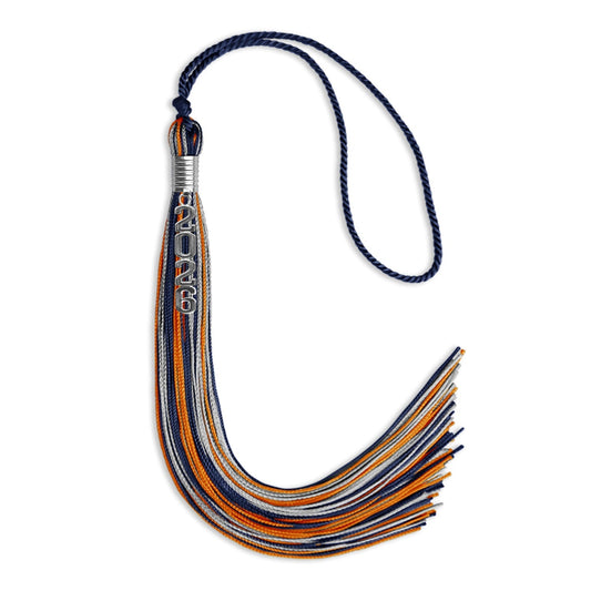 Navy Blue/Orange/Silver Mixed Color Graduation Tassel with Silver Stacked Date Drop by Wholesale Grad Supply