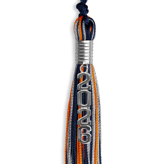 Navy Blue/Orange/Silver Mixed Color Graduation Tassel with Silver Stacked Date Drop by Wholesale Grad Supply
