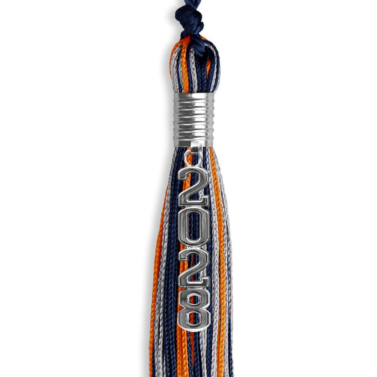 Navy Blue/Orange/Silver Mixed Color Graduation Tassel with Silver Stacked Date Drop by Wholesale Grad Supply