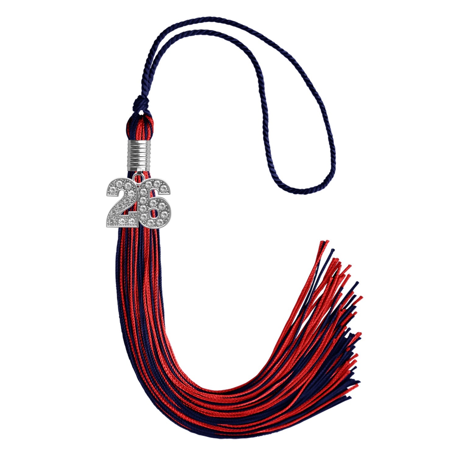 Navy Blue/Red Mixed Color Graduation Tassel with Silver Bling Charm by Wholesale Grad Supply
