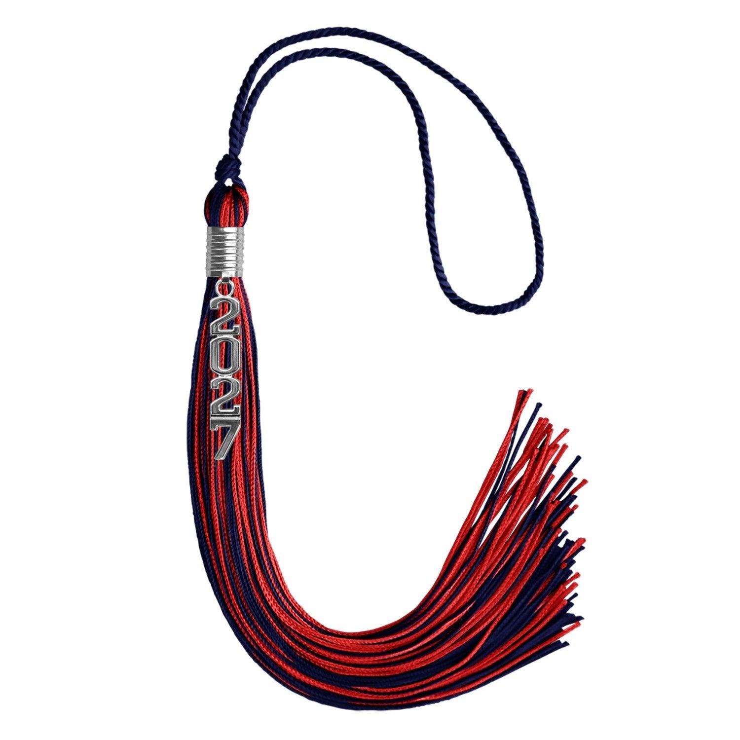 Navy Blue/Red Mixed Color Graduation Tassel with Stacked Silver Date Drop by Wholesale Grad Supply