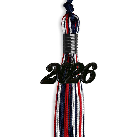 Navy Blue/Red/White Mixed Color Graduation Tassel with Black Bling Charm by Wholesale Grad Supply