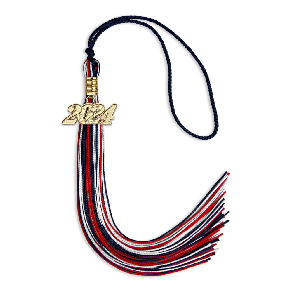Navy Blue/Red/White Mixed Color Graduation Tassel with Gold Bling Charm by Wholesale Grad Supply