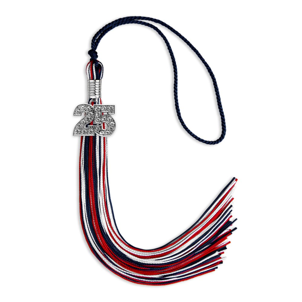 Navy Blue/Red/White Mixed Color Graduation Tassel with Silver Bling Charm by Wholesale Grad Supply