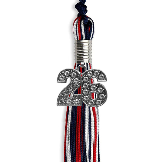 Navy Blue/Red/White Mixed Color Graduation Tassel with Silver Bling Charm by Wholesale Grad Supply