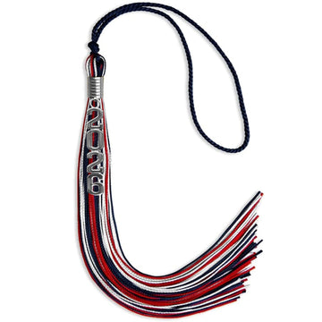 Navy Blue/Red/White Mixed Color Graduation Tassel with Silver Stacked Date Drop by Wholesale Grad Supply