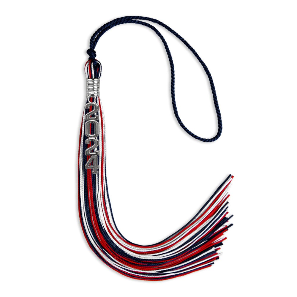 Navy Blue/Red/White Mixed Color Graduation Tassel with Silver Stacked Date Drop by Wholesale Grad Supply