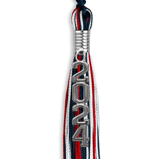 Navy Blue/Red/White Mixed Color Graduation Tassel with Silver Stacked Date Drop by Wholesale Grad Supply