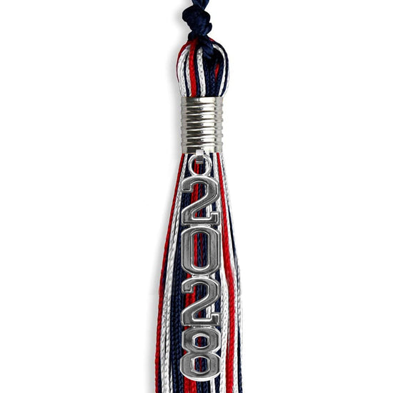 Navy Blue/Red/White Mixed Color Graduation Tassel with Silver Stacked Date Drop by Wholesale Grad Supply