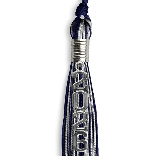 Navy Blue/Silver Mixed Color Graduation Tassel with Stacked Silver Date Drop by Wholesale Grad Supply