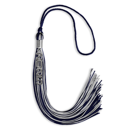Navy Blue/Silver Mixed Color Graduation Tassel with Stacked Silver Date Drop by Wholesale Grad Supply