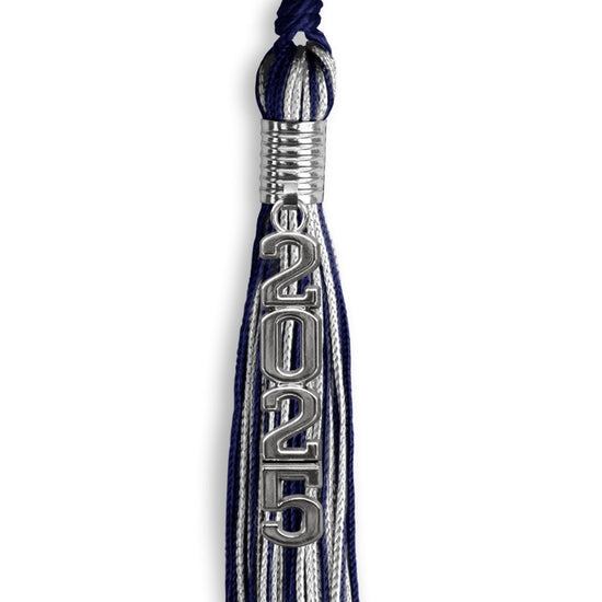 Navy Blue/Silver Mixed Color Graduation Tassel with Stacked Silver Date Drop by Wholesale Grad Supply