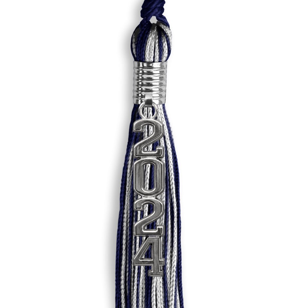 Navy Blue/Silver Mixed Color Graduation Tassel with Stacked Silver Date Drop by Wholesale Grad Supply
