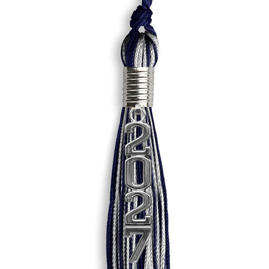 Navy Blue/Silver Mixed Color Graduation Tassel with Stacked Silver Date Drop by Wholesale Grad Supply