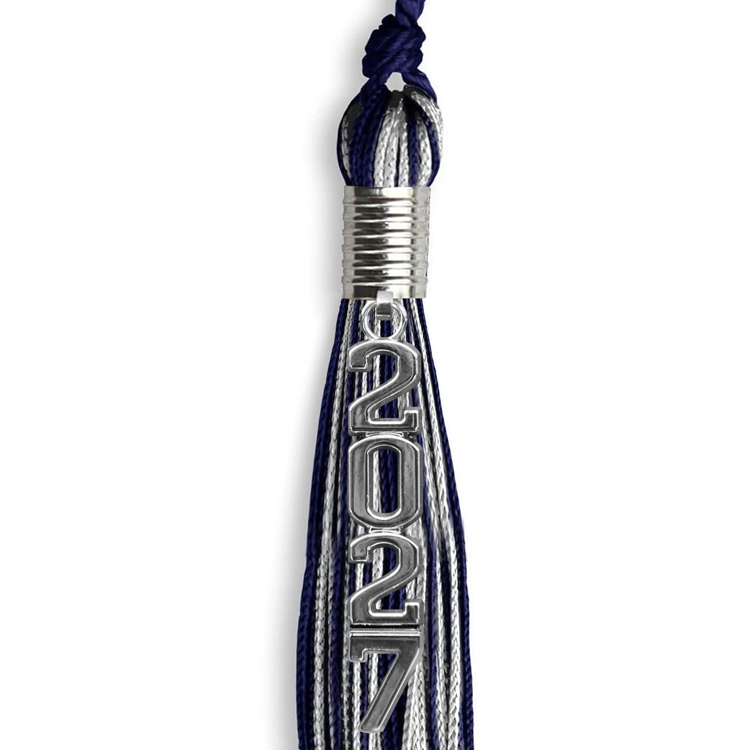 Navy Blue/Silver Mixed Color Graduation Tassel with Stacked Silver Date Drop by Wholesale Grad Supply