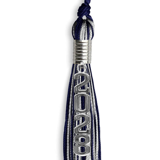 Navy Blue/Silver Mixed Color Graduation Tassel with Stacked Silver Date Drop by Wholesale Grad Supply