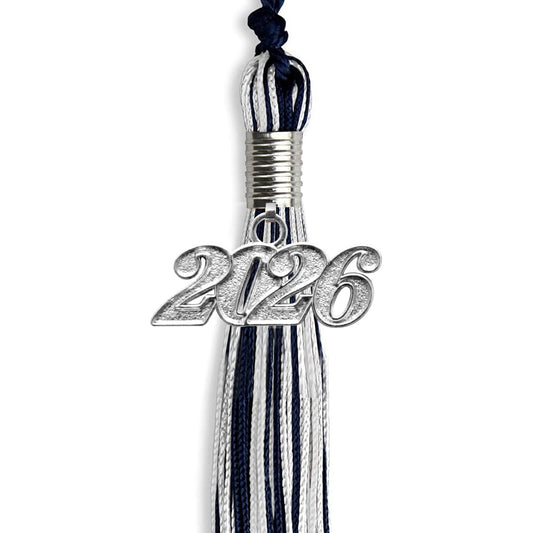 Navy Blue/Silver/White Mixed Color Graduation Tassel with Silver Bling Charm by Wholesale Grad Supply
