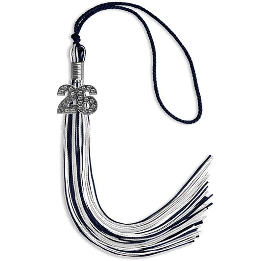 Navy Blue/Silver/White Mixed Color Graduation Tassel with Silver Bling Charm by Wholesale Grad Supply
