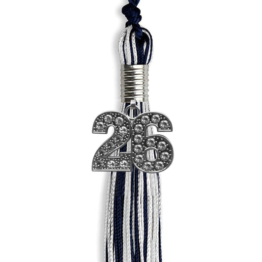 Navy Blue/Silver/White Mixed Color Graduation Tassel with Silver Bling Charm by Wholesale Grad Supply