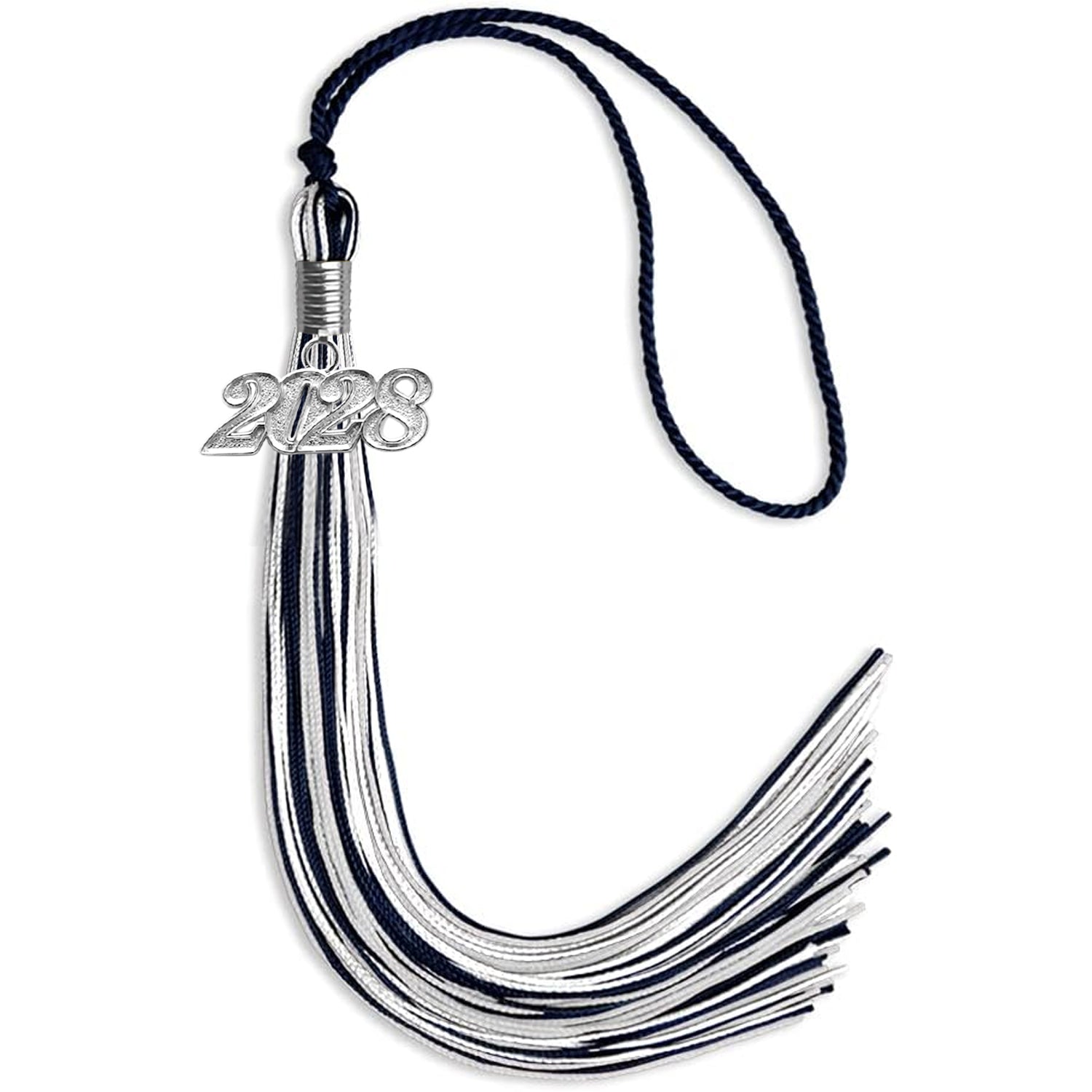 Navy Blue/Silver/White Mixed Color Graduation Tassel with Silver Bling Charm by Wholesale Grad Supply