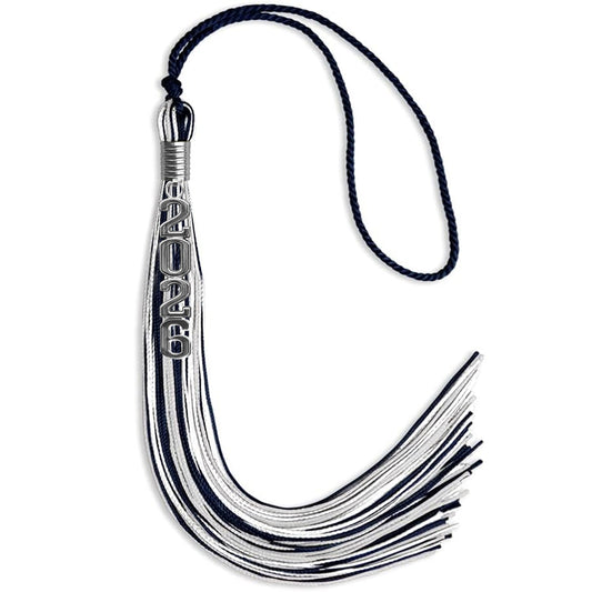 Navy Blue/Silver/White Mixed Color Graduation Tassel with Silver Stacked Date Drop by Wholesale Grad Supply
