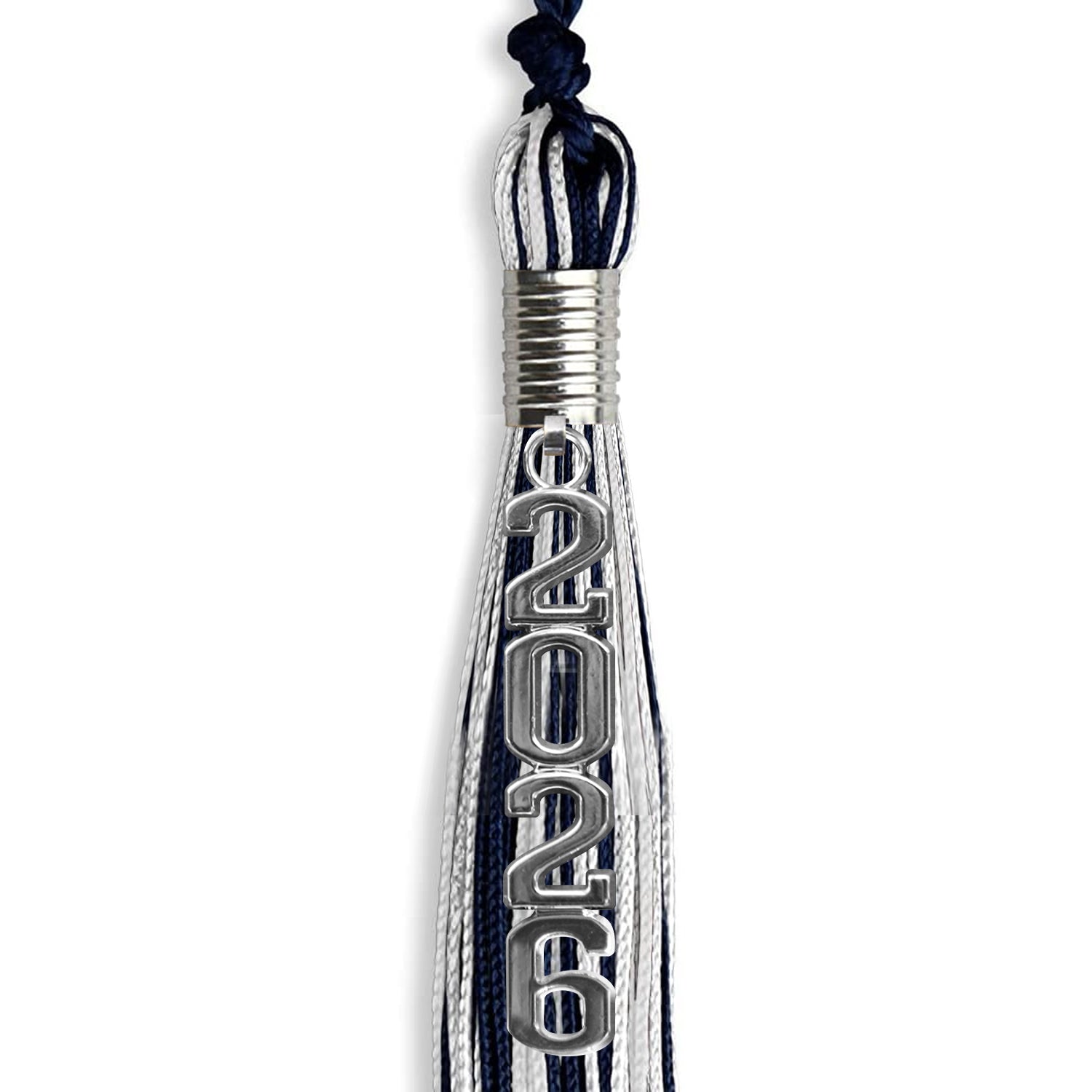 Navy Blue/Silver/White Mixed Color Graduation Tassel with Silver Stacked Date Drop by Wholesale Grad Supply