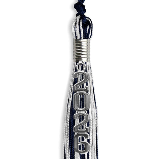 Navy Blue/Silver/White Mixed Color Graduation Tassel with Silver Stacked Date Drop by Wholesale Grad Supply