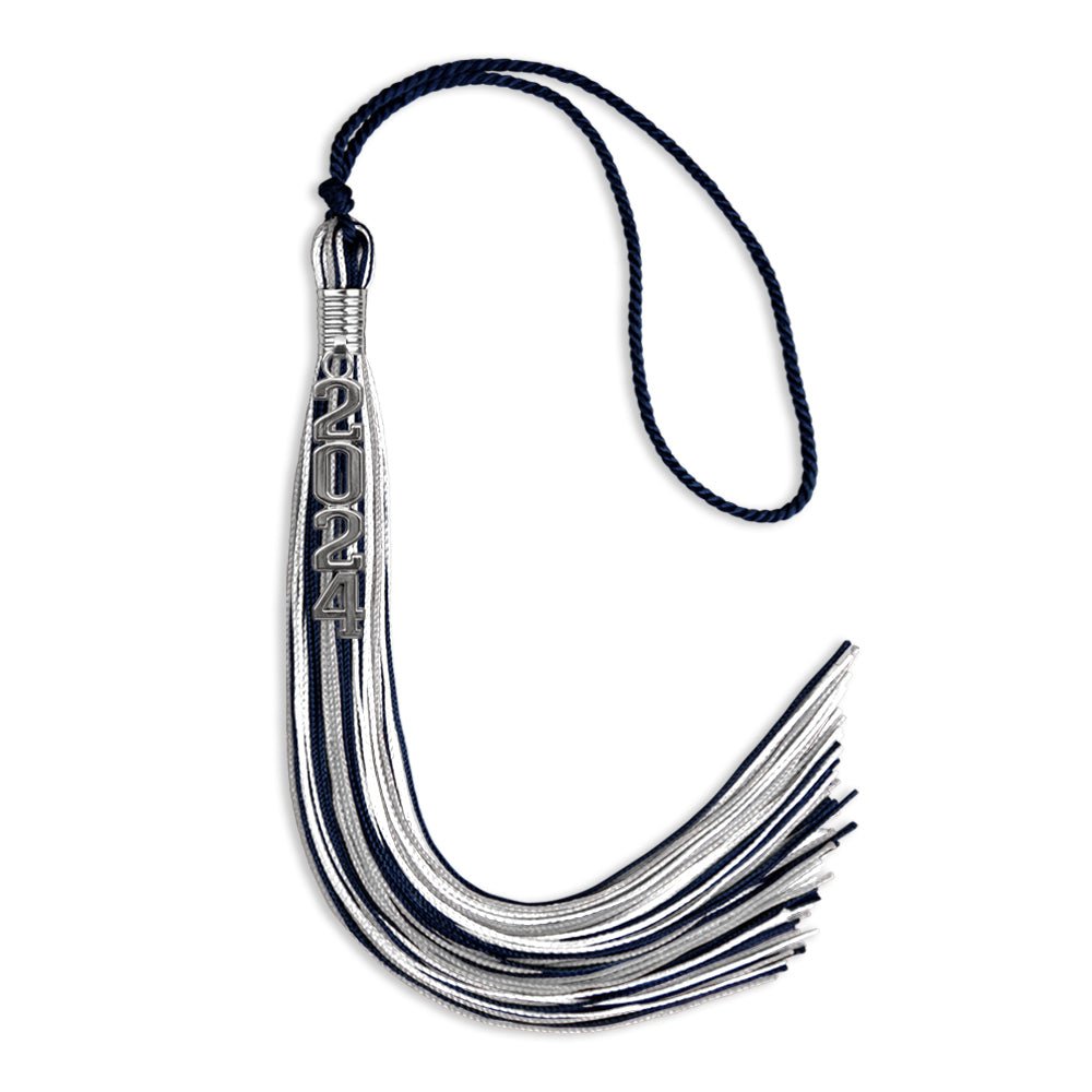 Navy Blue/Silver/White Mixed Color Graduation Tassel with Silver Stacked Date Drop by Wholesale Grad Supply